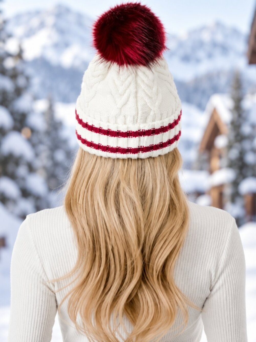🔥Marcus Adler Women’s Cable Knit Faux Fur Pom Beanie Burgundy White NWT - Picture 3 of 4